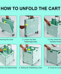 MACOPRO folding utility cart in mint green with lid and four wheels; six-panel collage.