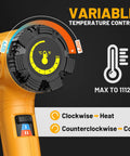 Close-up of Heat Gun 1800W Heavy Duty Hot Air Tool Kit With Carry Case Variable Temperature Control, showing dials and settings.