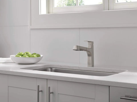 Xander Pull Out Kitchen Faucet With Sprayer Stainless Steel Fits Single Hole Or 3 Hole Mount shown in modern kitchen setup