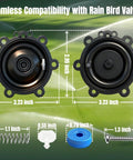 Front view of FRUSSONIA 2-pack Rain Bird valve diaphragms; includes spring, white filter, blue seal, and screw.