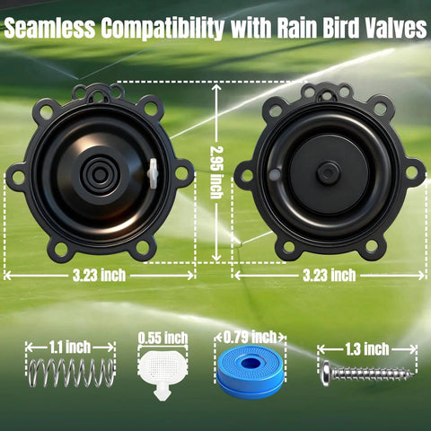 Front view of FRUSSONIA 2-pack Rain Bird valve diaphragms; includes spring, white filter, blue seal, and screw.