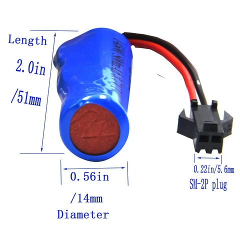 Two Pack 3.7V 800mAh Li Ion RC Battery With USB Cable SM 2P Plug showing dimensions for RC cars and boats use