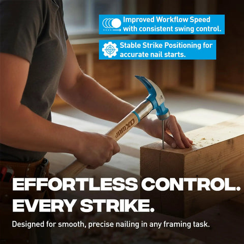 Person using Framing Hammer 22 Oz With Milled Face And Curved Hickory Wood Handle, Steel Overstrike Protection, for framing work.