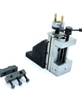 Game Changing Mini Vertical Slide And Tool Post Kit Featuring Dead Nuts Accurate 2 Inch Steel Vice on bench lathe with mount components.
