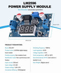 DC Buck Power Converter Module with LED voltmeter display on a blue board showing size and specifications.
