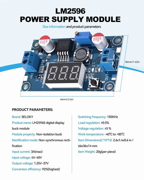DC Buck Power Converter Module with LED voltmeter display on a blue board showing size and specifications.