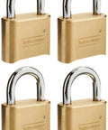 Four resettable four digit combination padlocks with solid brass case and hardened steel shackle for tough weather resistant security.