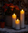 Outdoor Slim Pillar Flameless Led Candles Set Of 3 Ivory With Moving Flame Weather Resistant Remote Timer Ready Battery Operated Safe Melted Edge No Fuss Low Maintenance Glow For Porch Or Patio