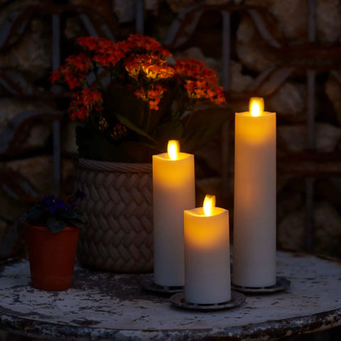 Outdoor Slim Pillar Flameless Led Candles Set Of 3 Ivory With Moving Flame Weather Resistant Remote Timer Ready Battery Operated Safe Melted Edge No Fuss Low Maintenance Glow For Porch Or Patio