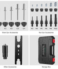 2 In 1 Rivet Nut Tool Kit Pro Hand Riveter with 7 mandrels, 5 nozzles, nuts, rivets, and storage case displayed in sections