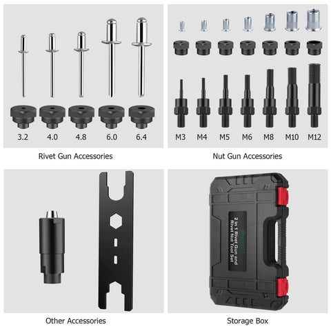 2 In 1 Rivet Nut Tool Kit Pro Hand Riveter with 7 mandrels, 5 nozzles, nuts, rivets, and storage case displayed in sections