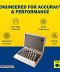 Professional Grade HSS Double Flute Brad Point Wood Drill Bit, 4 Mm X 55 Mm displayed in a wooden case with clear labels.