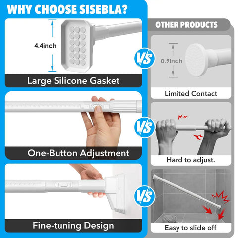 Comparison of Ultra Long Tension Curtain Rod vs other rods, highlighting size, adjustability, and silicone gasket advantages.