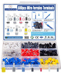 Pro Grade 600 Piece Wire Ferrule Terminal Kit With 7 Sizes And 7 Colors AWG 22 To 10 Copper Crimp Ferrules Nylon Insulated Terminal Ends Electrical Connector For Electric And Industrial Wiring Projects shown in a plastic organizer box.