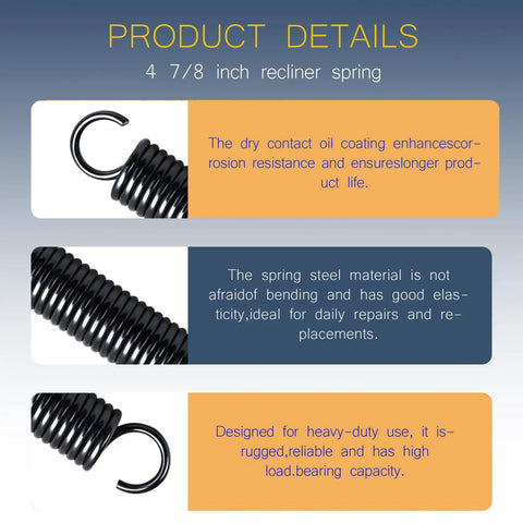 Close-up of Four And Seven Eighths Inch Recliner Mechanism Extension Springs Two Pack Replacement Parts with product details.