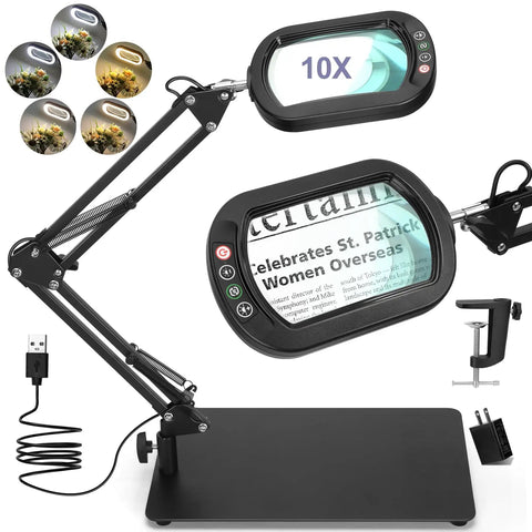 10X Square Magnifying Glass With Light And Stand Real Glass LED Magnifier With Clamp 5 Color Modes on adjustable arm and base