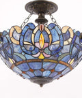 Tiffany Style Ceiling Light Fixture With Blue Purple Cloudy Stained Glass Semi Flush Mount Lamp 16 Inch Wide And 15 Inch Tall Antique Green Bronze Finish Hardwired Design For An Old School Vibe