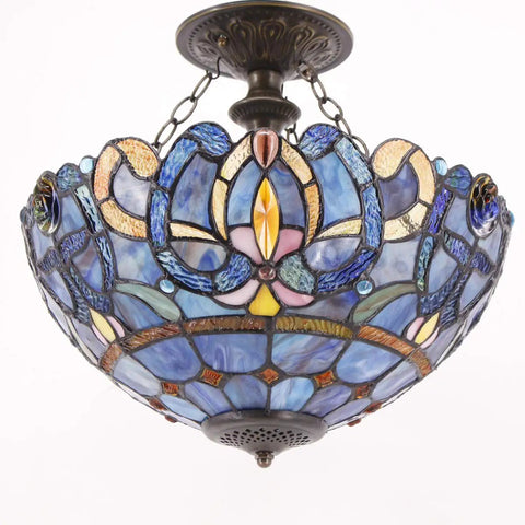 Tiffany Style Ceiling Light Fixture With Blue Purple Cloudy Stained Glass Semi Flush Mount Lamp 16 Inch Wide And 15 Inch Tall Antique Green Bronze Finish Hardwired Design For An Old School Vibe