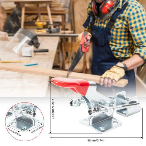 Solid Heavy Duty Toggle Latch Clamps 40323 6 Pack For Garage Shop With 360 Lbs Hold Power Great For Woodworking And Jig Projects That Need Serious Grip with red handle.