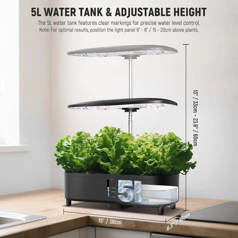 All In One Aeroponics Growing System Kit With Atomization Tech Led Grow Light Three Modes Fifteen Seed Pods Timed LCD Indoor Garden For Vegetables And Herbs HGS02 showing 5L water tank and adjustable LED height over leafy greens indoors
