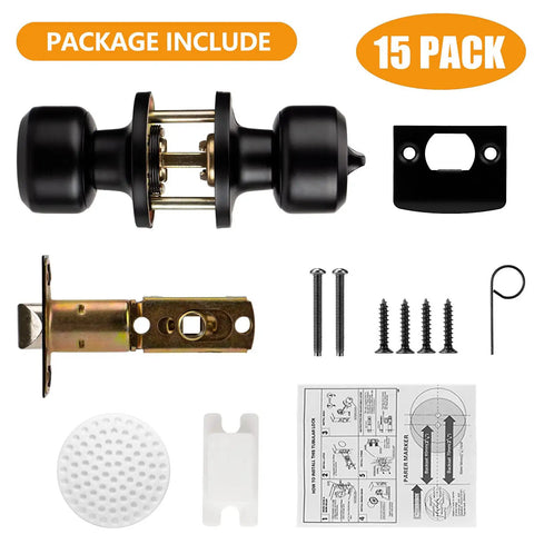 15 Pack Keyless Matte Black Door Knobs With Privacy Interior Lock and installation hardware package contents displayed