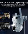 Wireless Triple Lens 2K Security Camera System All In One Outdoor with 360 Degree Pan and Tilt Motion Detection Auto Tracking 2.4 GHz WiFi Night Vision 16 Channel NVR with 500GB HDD displaying full-color and IR night vision features.
