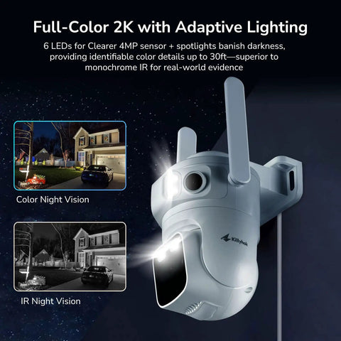 Wireless Triple Lens 2K Security Camera System All In One Outdoor with 360 Degree Pan and Tilt Motion Detection Auto Tracking 2.4 GHz WiFi Night Vision 16 Channel NVR with 500GB HDD displaying full-color and IR night vision features.
