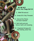 Workhorse 404 Piece Metric Flange Bolt Kit With Matching Nuts And Washers For M6 M8 M10 Sizes In Auto Shops And Weekend Builds Class 10.9 High Tensile Strength complete hex flange bolts and nuts organized together.