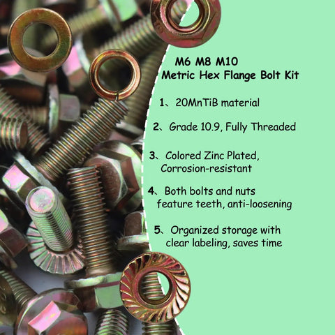 Workhorse 404 Piece Metric Flange Bolt Kit With Matching Nuts And Washers For M6 M8 M10 Sizes In Auto Shops And Weekend Builds Class 10.9 High Tensile Strength complete hex flange bolts and nuts organized together.