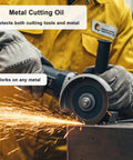 Person using a grinder with gloves showcases 200Ml Metal Drilling Cutting Oil Lubricant That Slashes Friction Absorbs Heat Prevents.