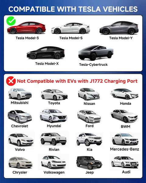 Image showing compatible Tesla models and incompatible EVs for the Badass Nacs Ev Extension Cord.