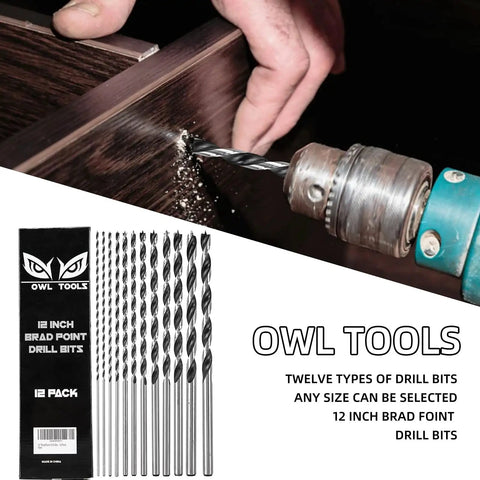 Pro Grade Extra Long 12 Inch Brad Point Drill Bit Set 12 Pack with storage sleeve in use drilling clean hole in wood