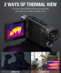 2-In-1 Thermal Monocular With 256x192 Resolution showing thermal view of a wild animal on screen with options for indoor and outdoor use