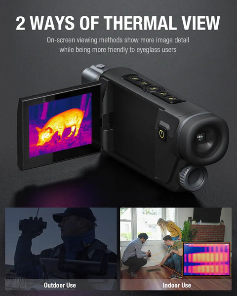 2-In-1 Thermal Monocular With 256x192 Resolution showing thermal view of a wild animal on screen with options for indoor and outdoor use