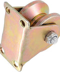 Heavy duty sliding gate wheels with V-shaped bracket and roller for industrial use, featuring robust steel construction and high load capacity.