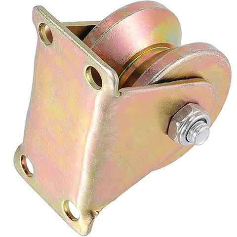 Heavy duty sliding gate wheels with V-shaped bracket and roller for industrial use, featuring robust steel construction and high load capacity.