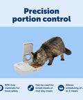 Smooth Operator Two Meal Automatic Pet Feeder With Dial Timer For Dogs And Cats features a cat using the tamper-resistant feeder.