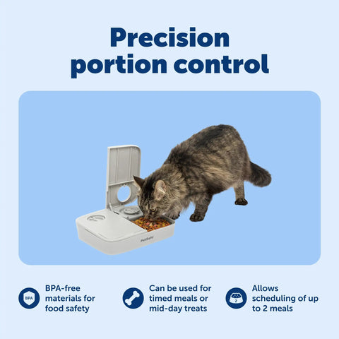 Smooth Operator Two Meal Automatic Pet Feeder With Dial Timer For Dogs And Cats features a cat using the tamper-resistant feeder.
