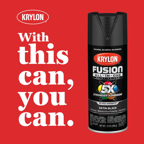 Krylon Fusion All In One Spray Paint in Satin Black, 12 oz can, showcasing strong adhesion and rust protection for versatile projects.