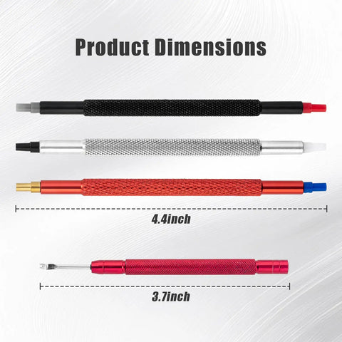 Pro Grade Watch Hands Repair Tool Kit With Pusher Puller And Hand Setting Levers dimensions showing 4.4 inch and 3.7 inch tools