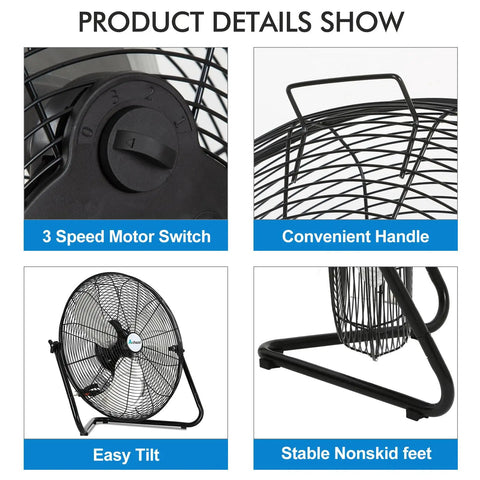 Product details showing 20 Inch High Velocity Floor Fan With 3 Speed Settings Up To 5200 CFM Heavy Duty Metal Industrial Fan features.