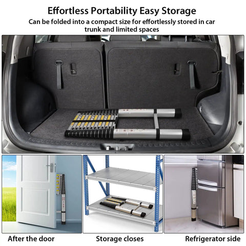 15 Ft Aluminum Telescoping Ladder For Home And Outdoor Tasks EN131 Standards compactly stored in car trunk and shelves