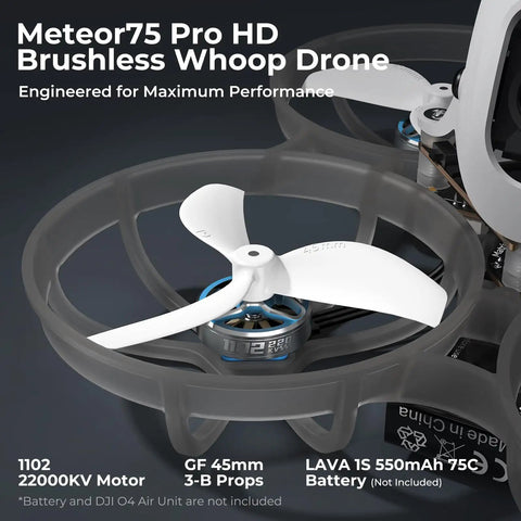 Meteor75 Pro Brushless Whoop Quadcopter with 1102 22000KV motors and 45mm 3-blade props in gray frame
