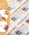 No Fuss Bulk Travel Sewing Crate Featuring Nifty Mini Repair Packs Loaded With Quick Grab Needles Bold Threads Compact Scissors And Durable Buttons, showing scissors and sewing essentials.