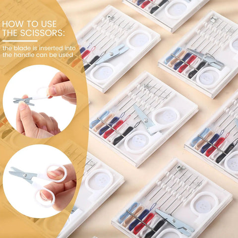 No Fuss Bulk Travel Sewing Crate Featuring Nifty Mini Repair Packs Loaded With Quick Grab Needles Bold Threads Compact Scissors And Durable Buttons, showing scissors and sewing essentials.