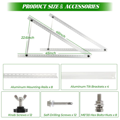 Heavy Duty Solar Panel Mounting Kit Set With 0 To 90 Degree Adjustable Tilt Foldable Legs Aluminum Alloy Construction diagram