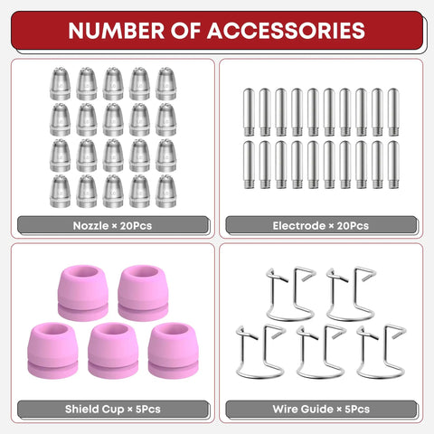 50Pcs AG60P Plasma Cutter Torch Consumables Kit Pro Grade.040 In Tips, Nozzles And Electrodes, 50 pieces shown in grid layout