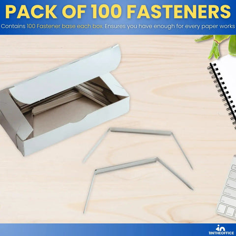 Open box of Metal Prong File Fasteners, 2 Inch Prongs, 2.75 Inch Center-To-Center, Pack Of 100, Silver Finish on desk