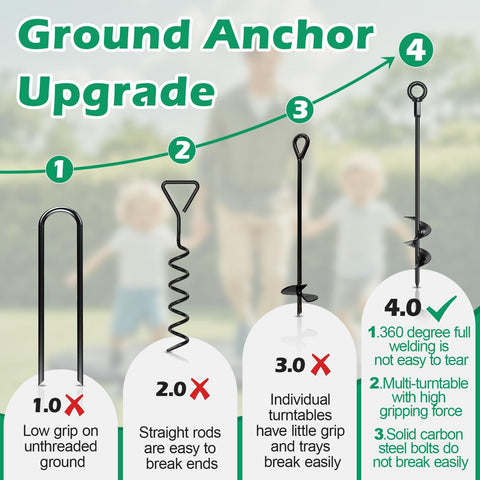 Trampoline Anchors Kit 4 Pack With 18-Inch Ground Stakes, spiral design, durability comparison, 360° welding, high grip
