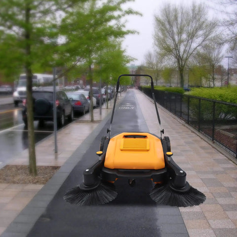 UILMLIO Manual Floor Sweeper With Foldable Handle, Motorless Design Saves Cash On Utility Bills. Includes Huge 12 Gallon Waste Container And Sags For Indoor Outdoor Use Like A Charm. Effortless Operation Gets The Job Done Fast Without Any Noise Or Hassle